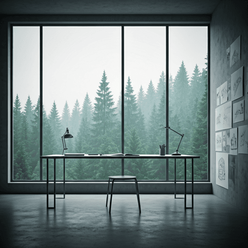 Atelieri minimalist me dritare të mëdha drejt një pylli me mjegull